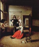 Pieter de Hooch Weintrinkende woman in the middle of these men painting